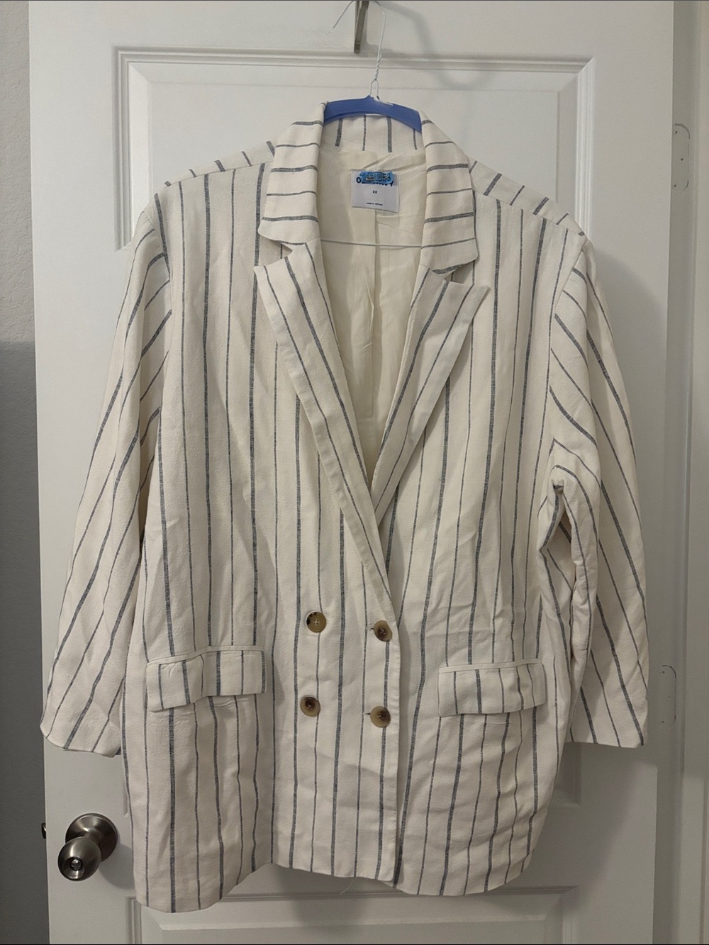 Old Navy Cream Linen Blend Blazer w/Navy Pinstripes SZ 2X boxy casual oversized